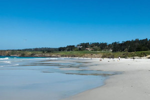 Imageabout As you're walking down Carmel Beach, get a glimpse of the world famous Pebble Beach Golf Course. Where many have their try at winning a golf game on these challenging greens.