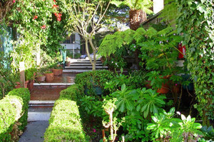 Imageabout Shrubbery lined walkway leading towards the patio area
