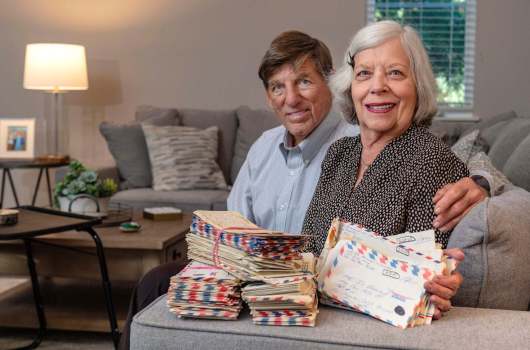 Jonathan and Sherrie Benumof sit in the living room of their Rancho Mission Viejo home with the 282 letters Jonathan wrote to her while he served in Vietnam in 1969, on Tuesday, November 9, 2021. The couple published a book of the letters earlier this year, titled, Letters from the Heart, A Young Doctor's 1969 Vietnam War Experience. (Photo by Mark Rightmire, Orange County Register/SCNG) Jonathan and Sherrie Benumof sit in the living room of their Rancho Mission Viejo home with the 282 letters Jonathan wrote to her while he served in Vietnam in 1969, on Tuesday, November 9, 2021. The couple published a book of the letters earlier this year, titled, Letters from the Heart, A Young Doctor's 1969 Vietnam War Experience. (Photo by Mark Rightmire, Orange County Register/SCNG)